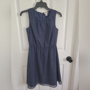 J. Crew Factory Navy Blue Gold Dot A-Line Sleeveless Metallic Drop Dress Size 00
